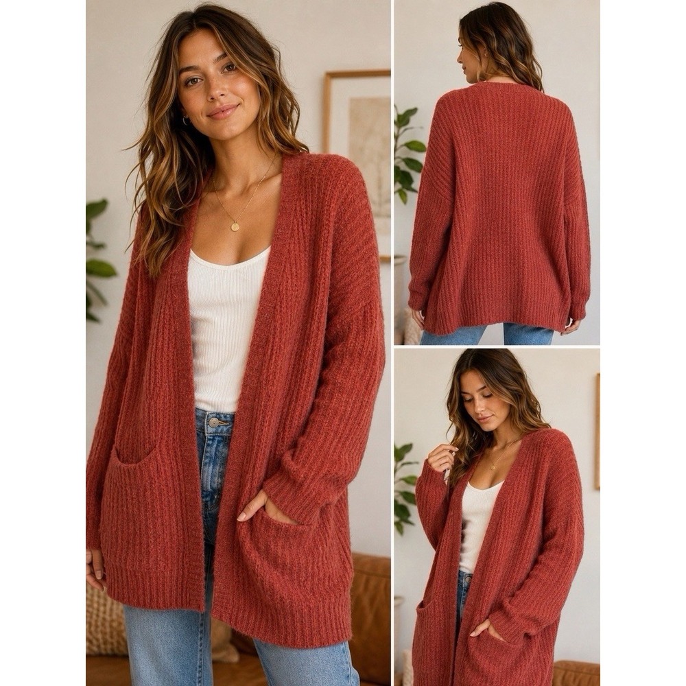 Free People Alpaca Blend Open Cardigan Sweater Rust Red Pockets Womens S